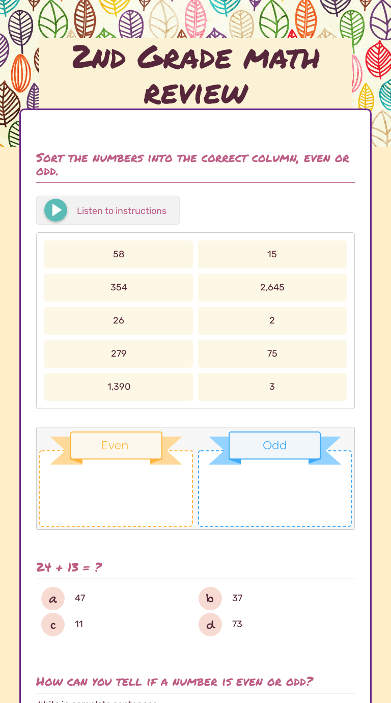 2nd Grade math review Interactive Worksheet by Kandice Edwards Wizer.me