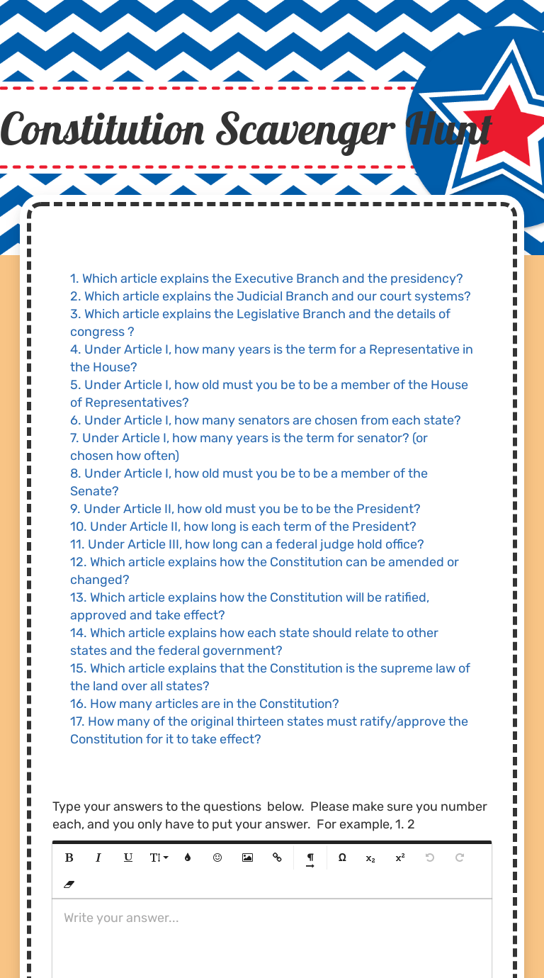Constitution Scavenger Hunt Worksheet - Zipworksheet.com