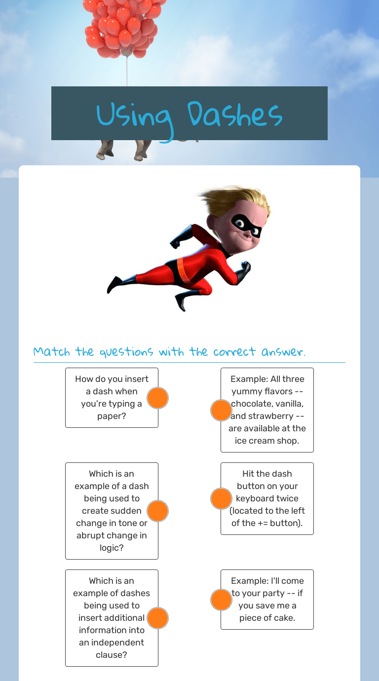 Using Dashes Interactive Worksheet by Julie Greene Wizer.me