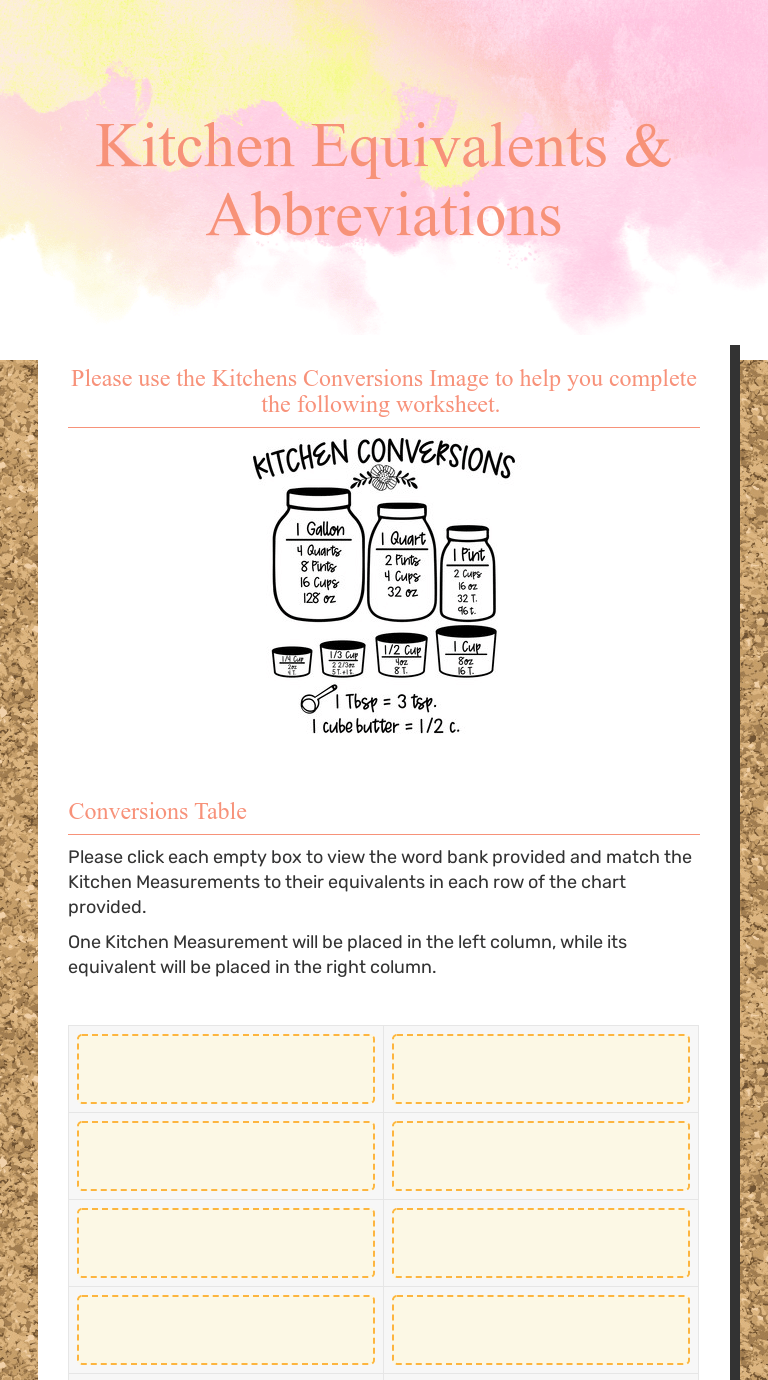 Kitchen Equivalents & Abbreviations Interactive Worksheet by Valerie