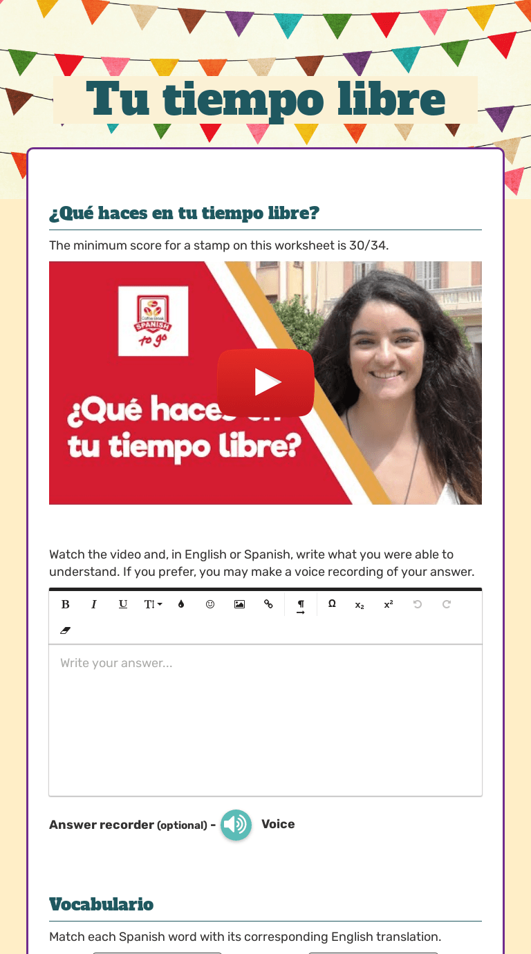 Tu tiempo libre Interactive Worksheet by Erin Sunday Wizer.me