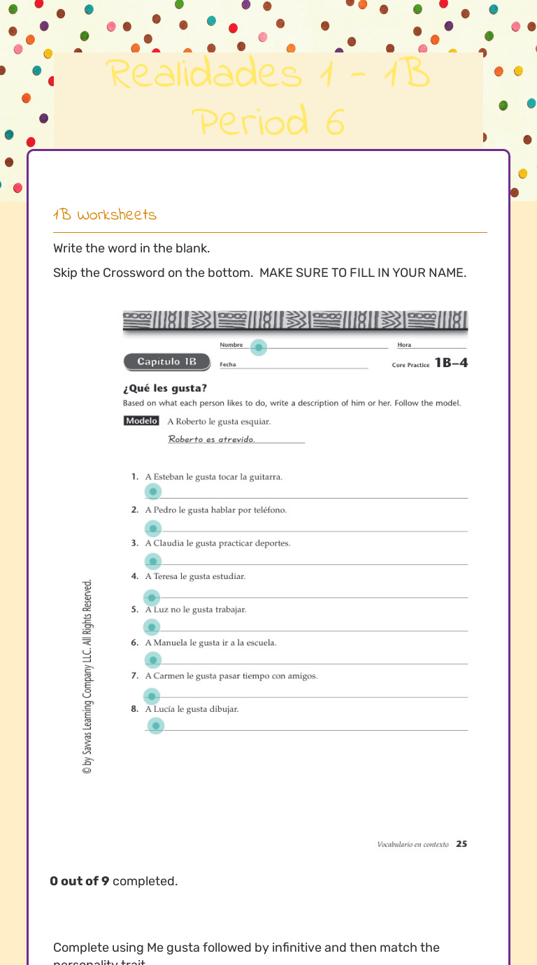 Realidades 1 1B Period 6 Interactive Worksheet by Linda Estevez