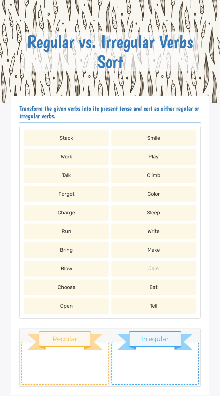Regular vs. Irregular Verbs Sort Interactive Worksheet by Laureen