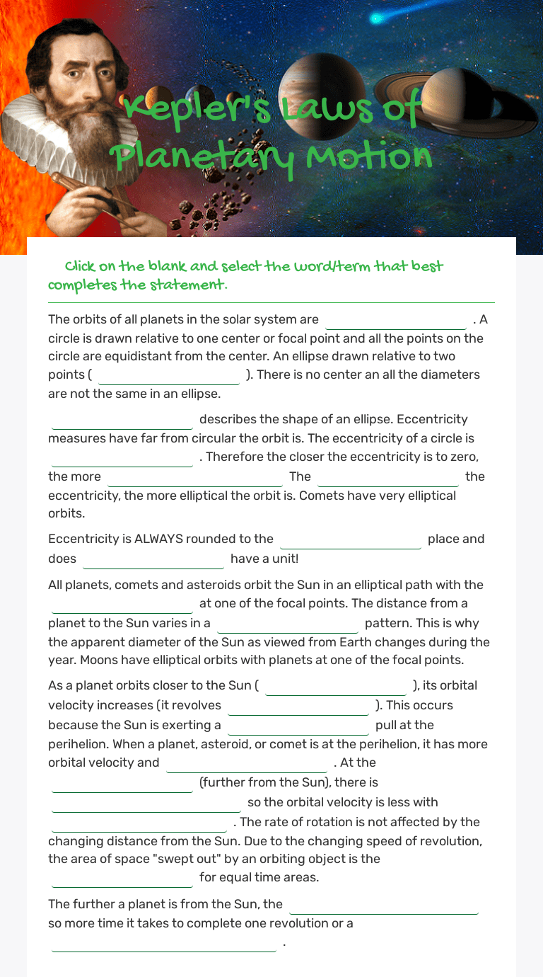 Kepler's Laws of Planetary Motion | Interactive Worksheet by ELIZABETH