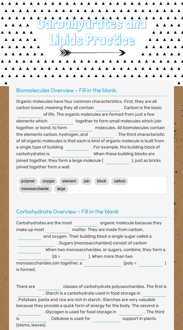 Carbohydrates and Lipids Practice | Interactive Worksheet by Camilla