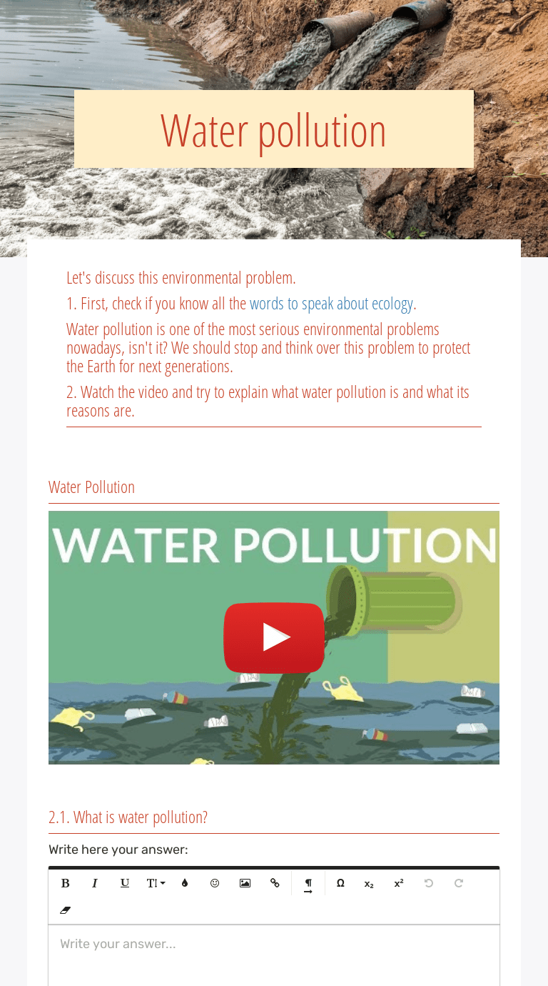 Water pollution | Interactive Worksheet by Ashley Hamlin | Wizer.me