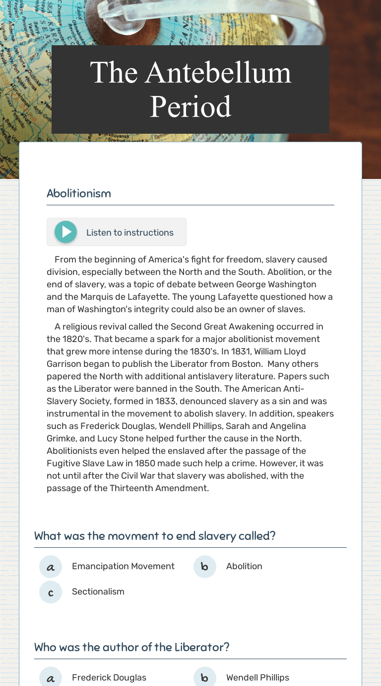 The Antebellum Period Interactive Worksheet by Wendy Luck Wizer.me