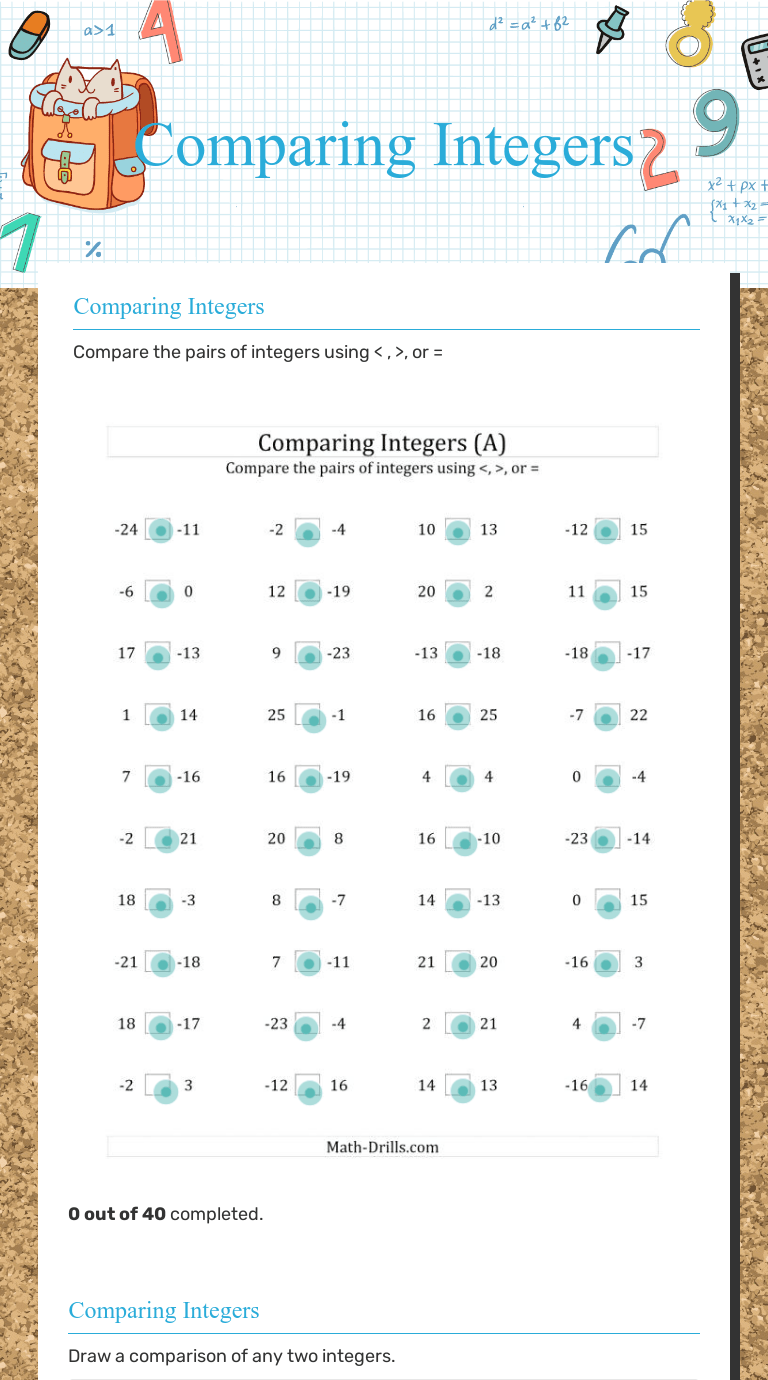 Comparing Integers Interactive Worksheet by Donovon Grier Wizer.me