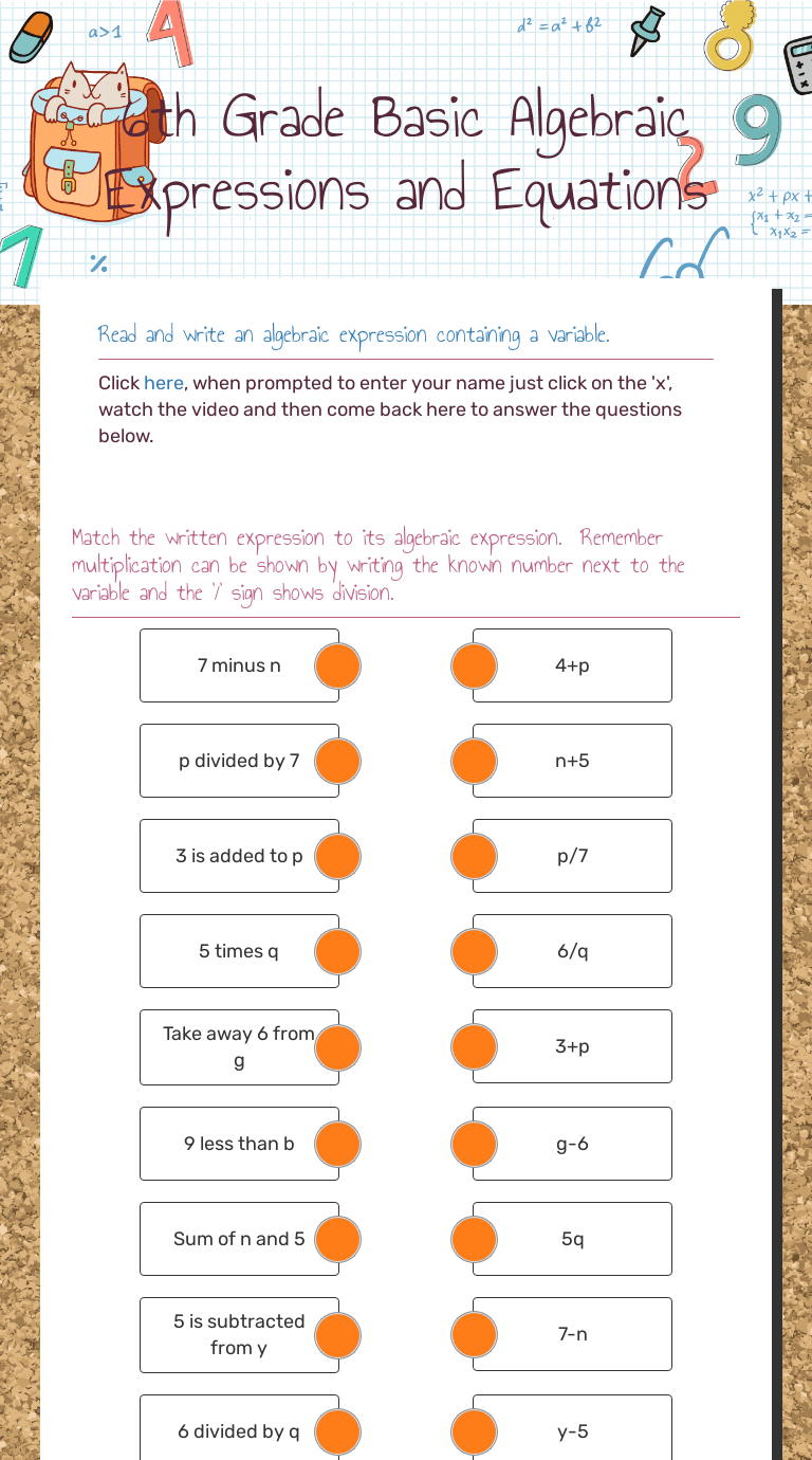 6th Grade Basic Algebraic Expressions and Equations | Interactive