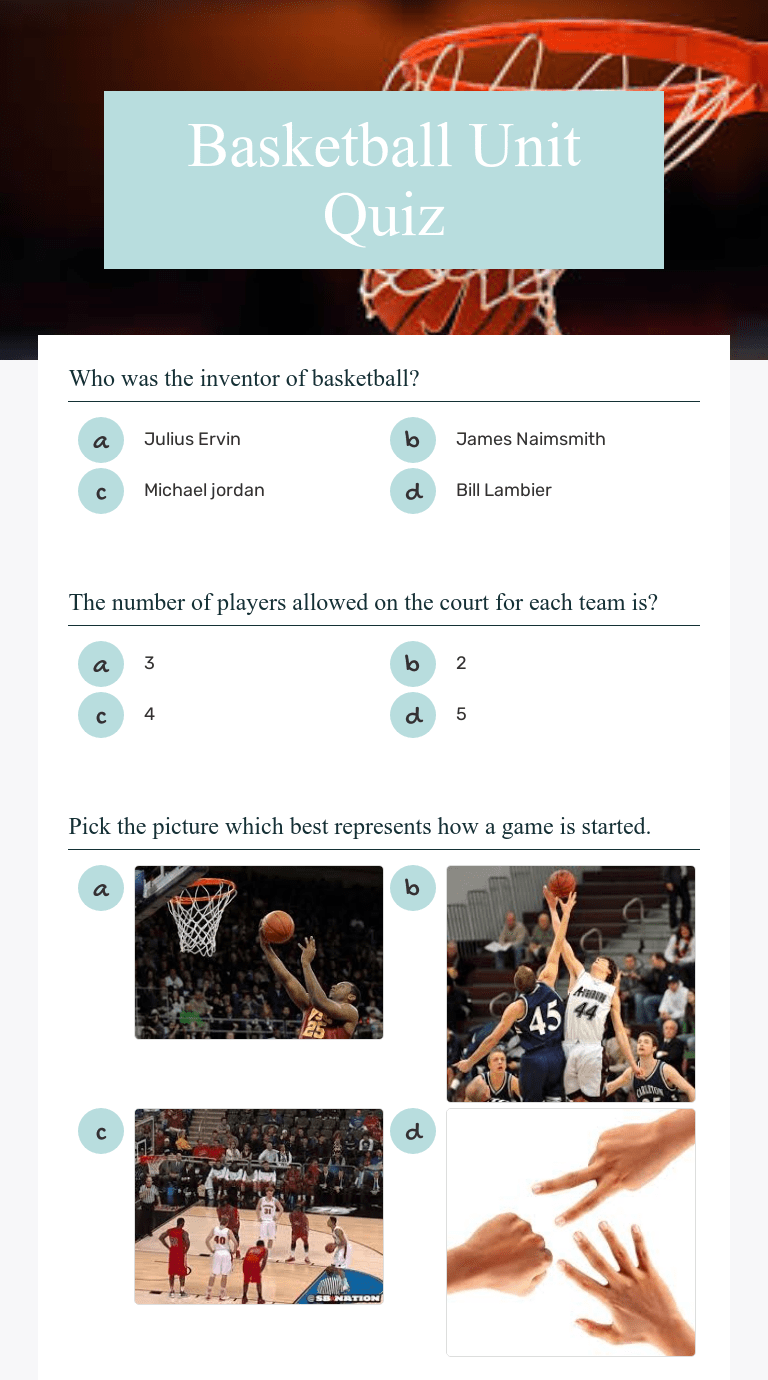 Basketball Unit Quiz Interactive Worksheet by Shaun Balhorn Wizer.me