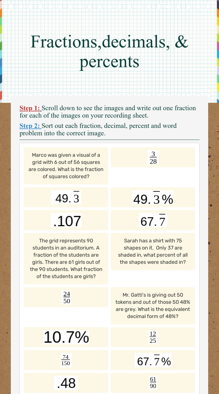 Fractions,decimals, & percents | Interactive Worksheet by Veronica