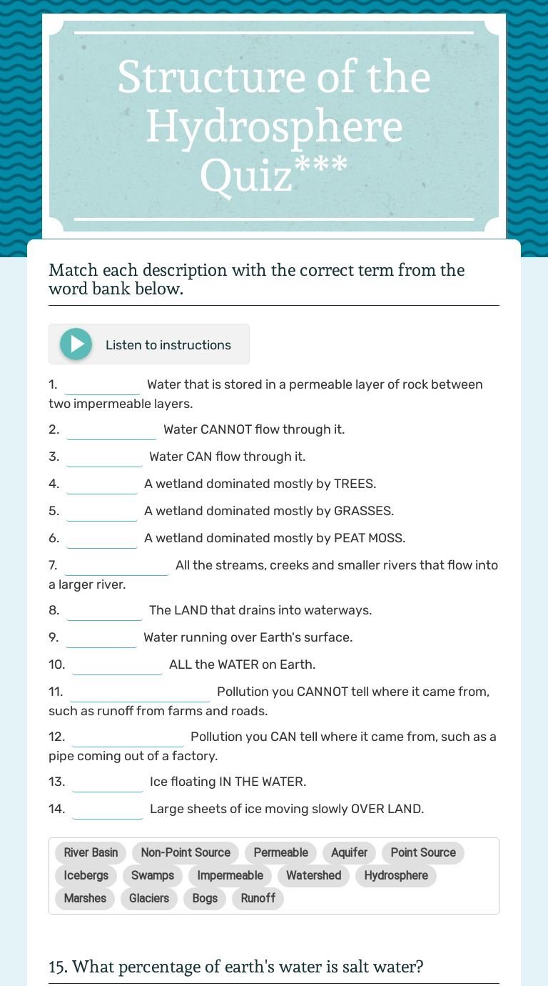 Structure of the Hydrosphere Quiz*** | Interactive Worksheet by Taryn