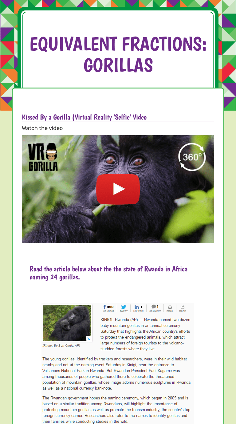 Equivalent Fractions Gorillas Interactive Worksheet Wizer.me