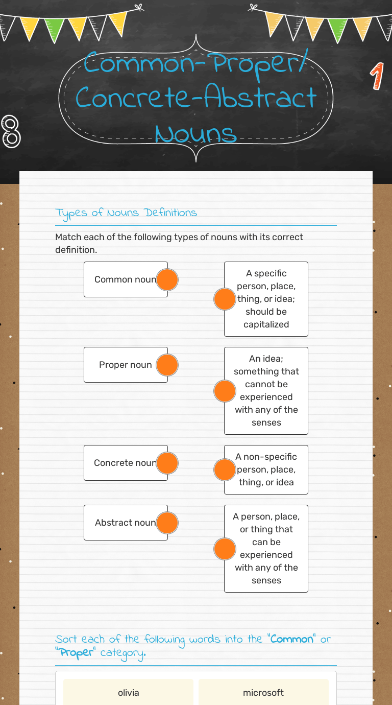CommonProper/ ConcreteAbstract Nouns Interactive Worksheet by Reina