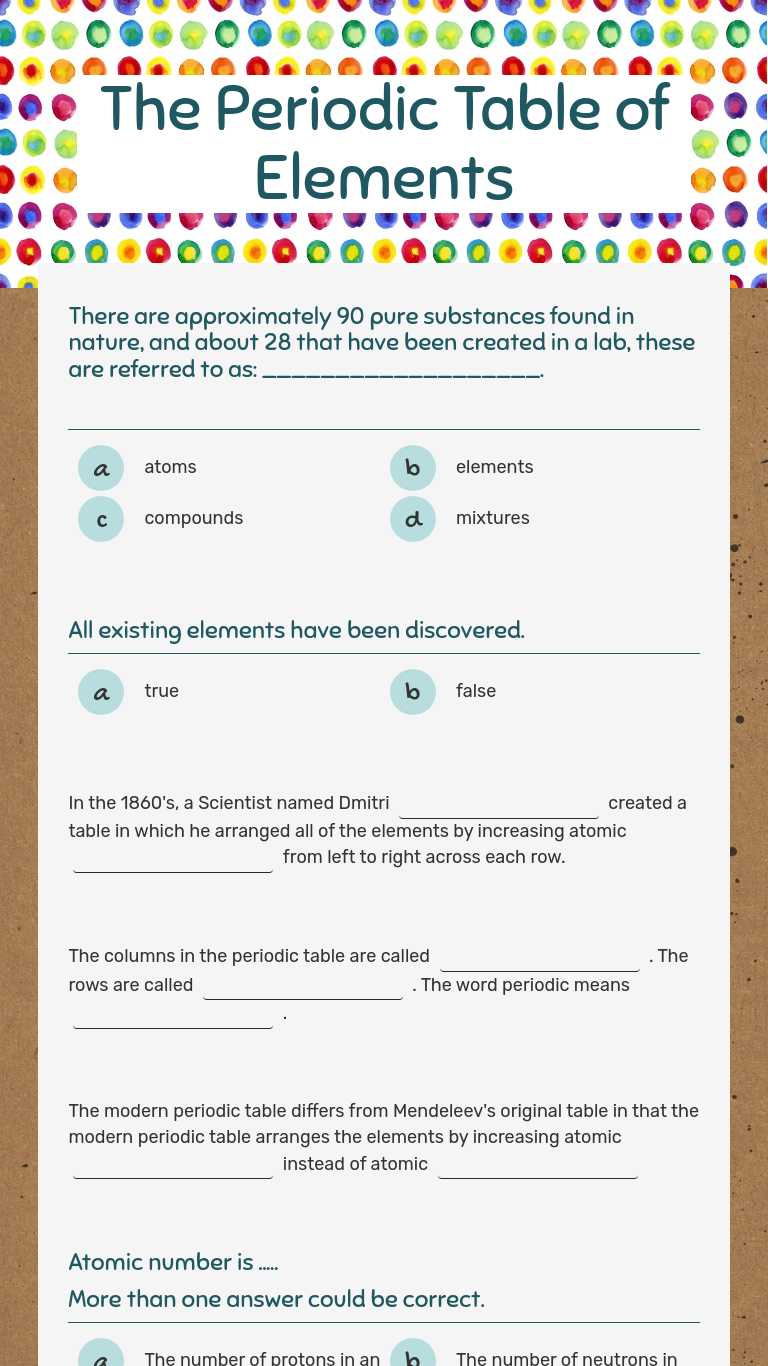 The Periodic Table of Elements Interactive Worksheet by Stefanie Tripician Wizer.me