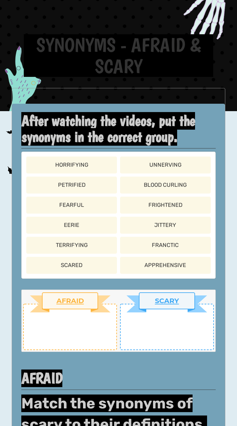 SYNONYMS - AFRAID &amp; SCARY | Interactive Worksheet by Sabrina Solange  Masseroni Armoa | Wizer.me