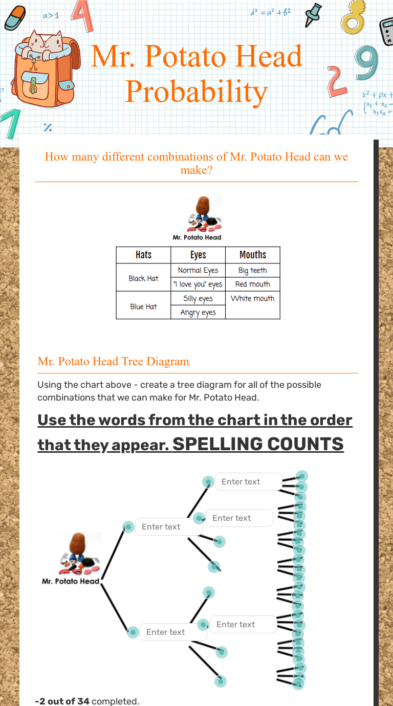 Mr. Potato Head Probability Interactive Worksheet by Erica Lackey Wizer.me