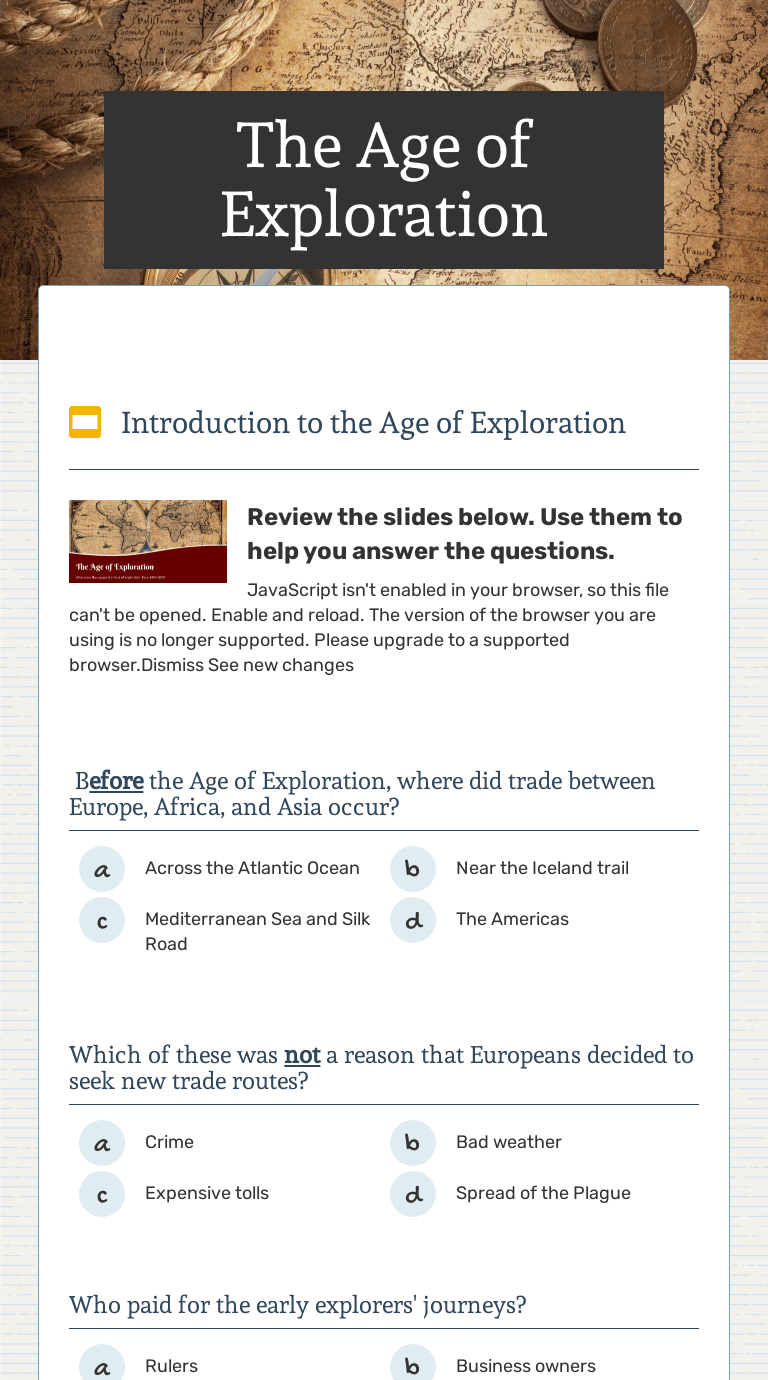 The Age of Exploration | Interactive Worksheet by BRYAN RICHARDS | Wizer.me