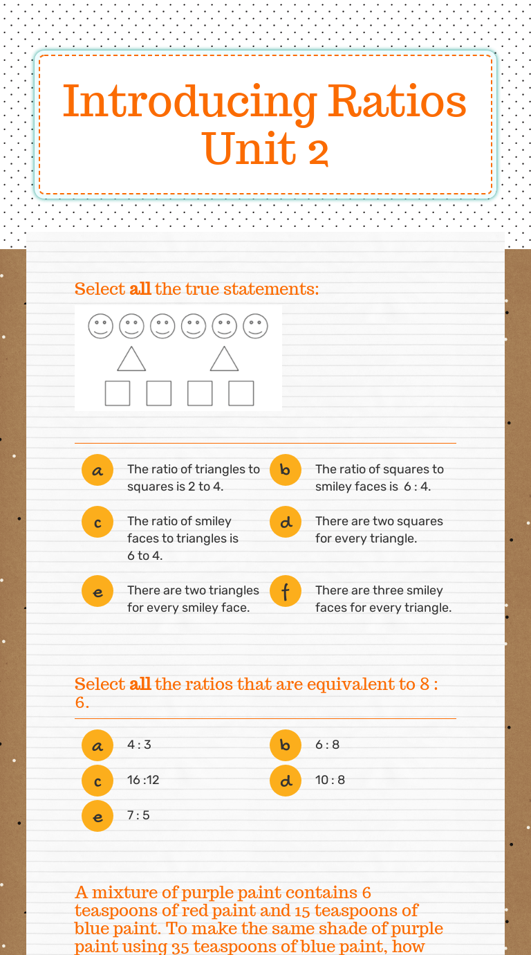 Introducing Ratios Unit 2 | Interactive Worksheet by Julie Michel