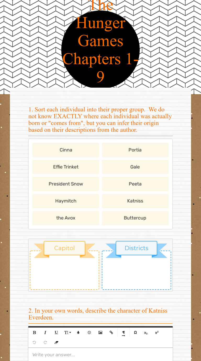The Hunger Games Chapters 1-9 Assessment | Interactive Worksheet by