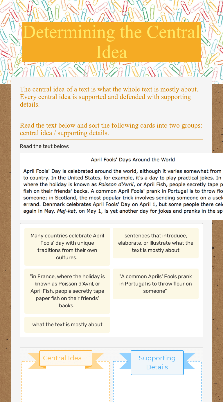 Determining the Central Idea | Interactive Worksheet by Katelyn Botta