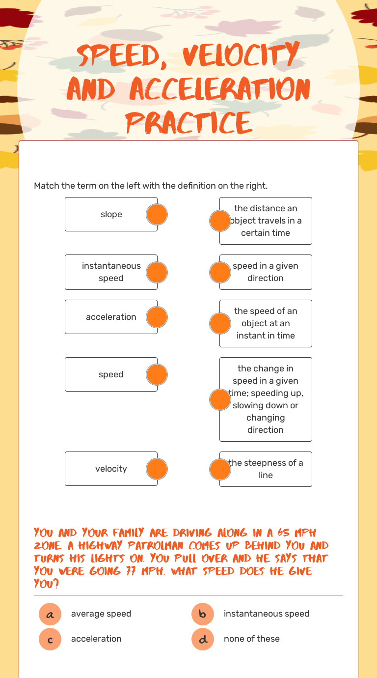 Speed, Velocity and Acceleration Quiz Interactive Worksheet by