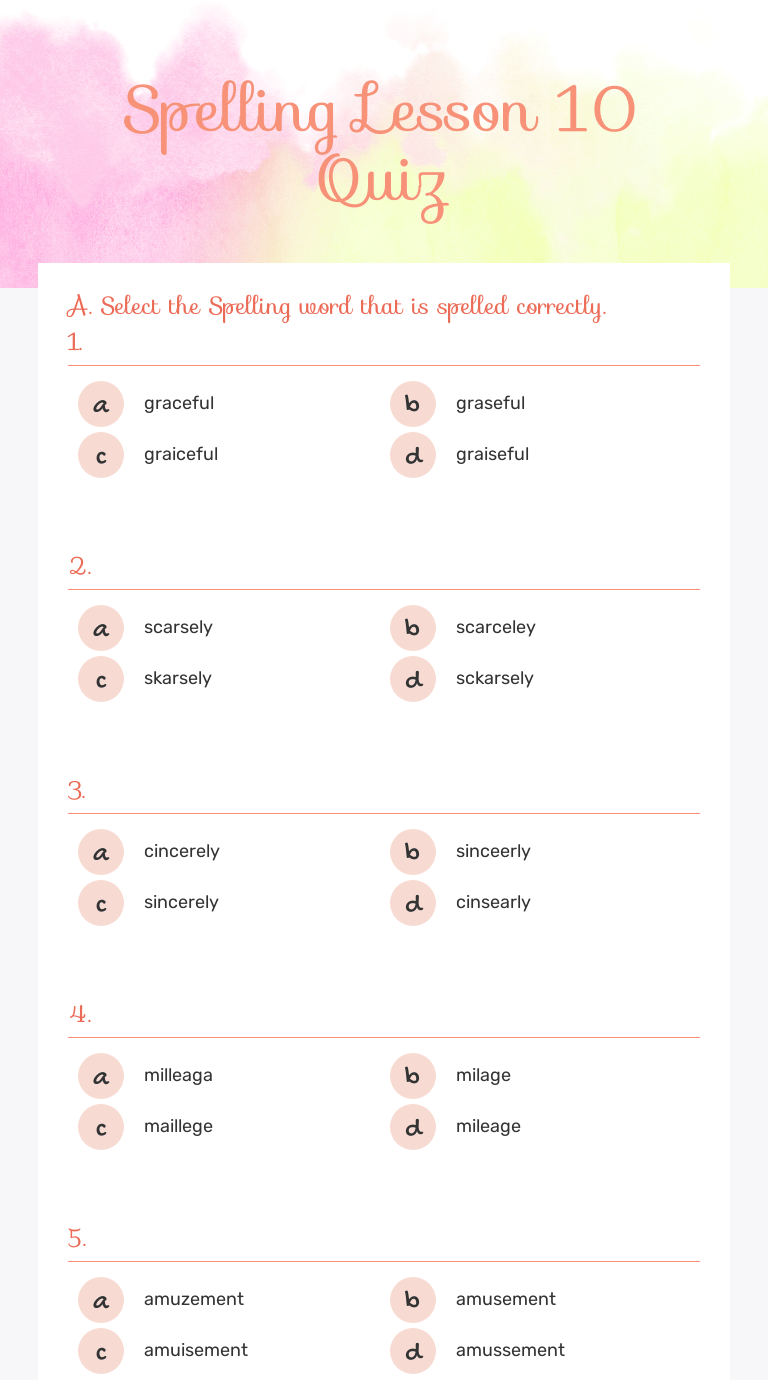 Spelling Lesson 10 Quiz Interactive Worksheet by Karina Saravia