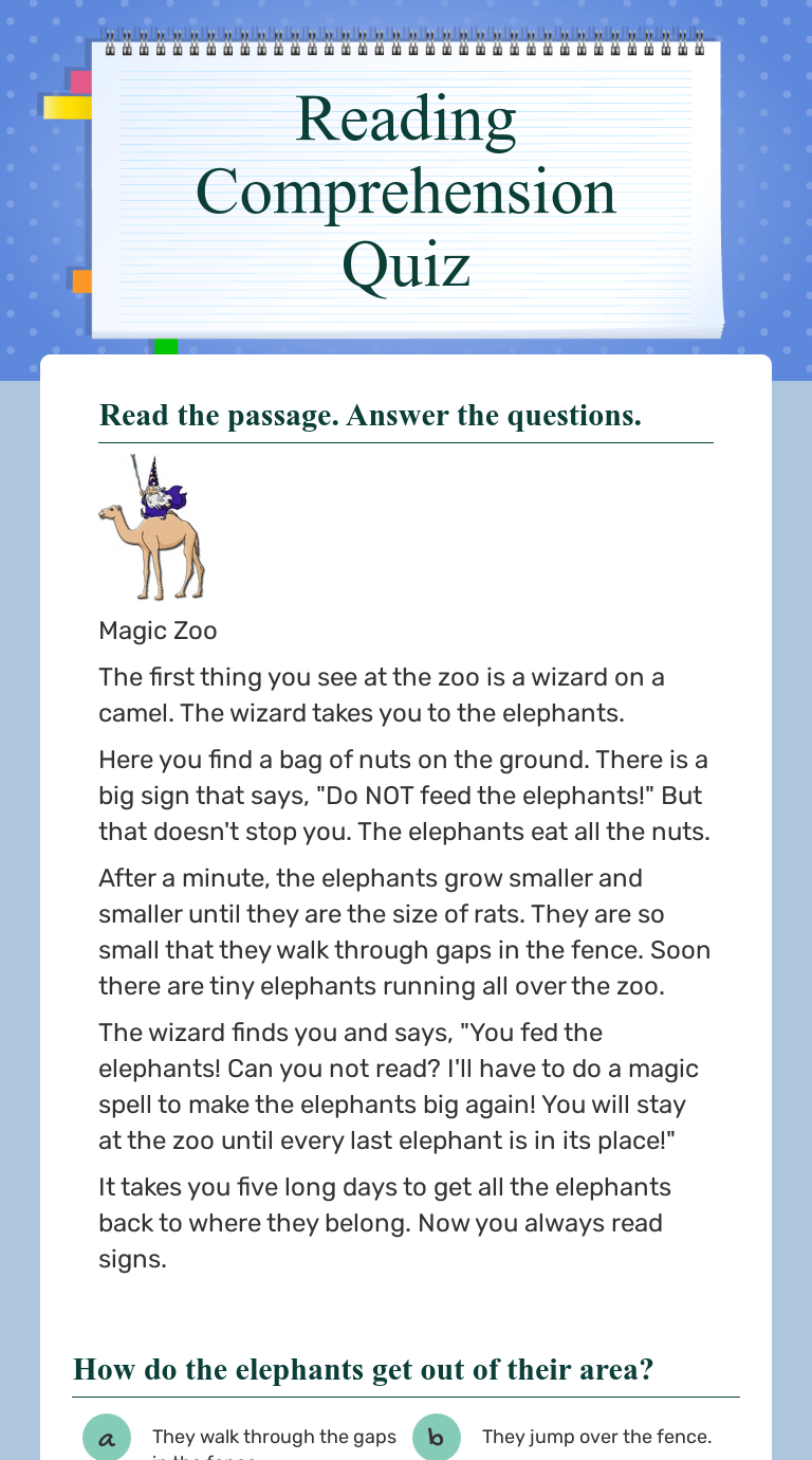 Reading Comprehension Quiz Interactive Worksheet by Monica Saroza