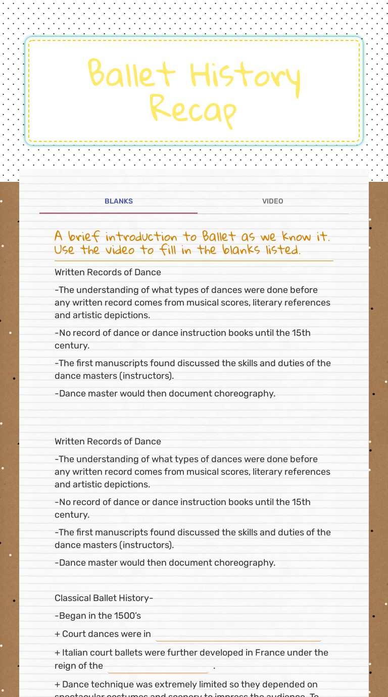 Ballet History Recap Interactive Worksheet by LaurenA Smith Wizer.me