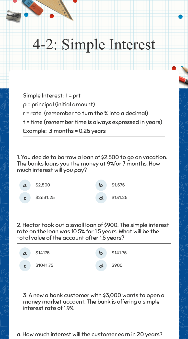 42 Simple Interest Interactive Worksheet by Jose Esparza Wizer.me