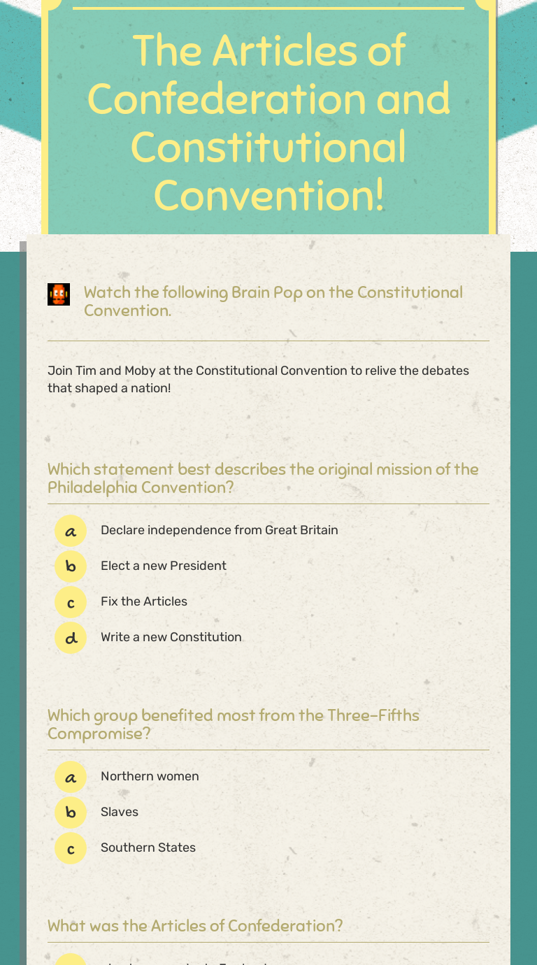The Articles of Confederation and Constitutional Convention! Interactive Worksheet by Mark