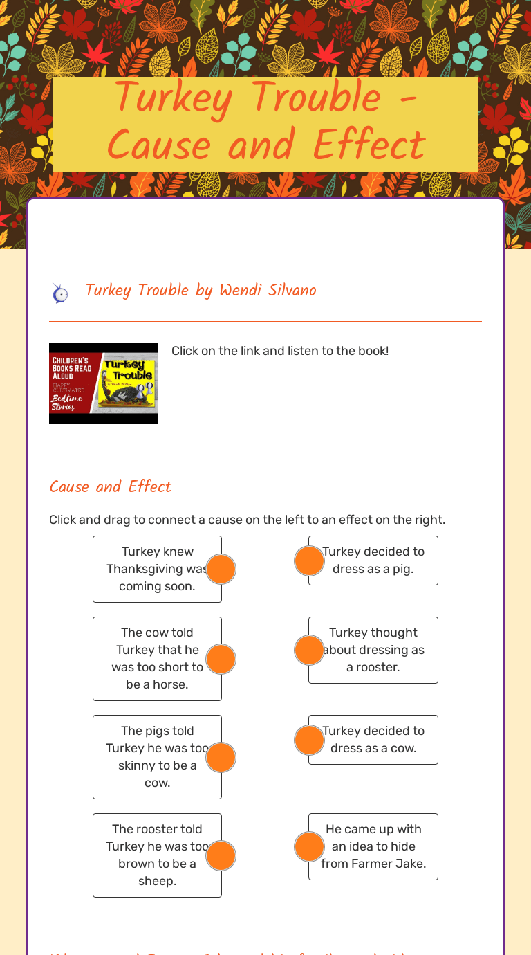 Turkey Trouble Cause and Effect Interactive Worksheet by Madison