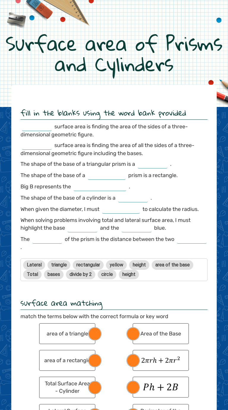 Surface area of Prisms and Cylinders Interactive Worksheet by