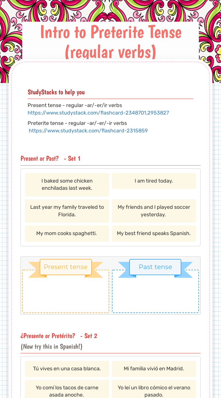 Intro to Preterite Tense (regular verbs) Interactive Worksheet by