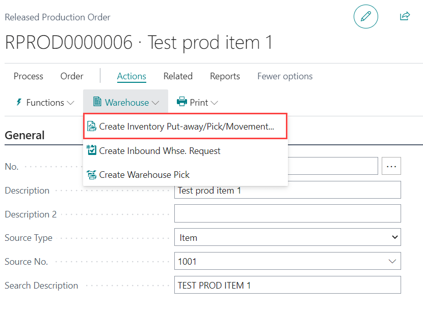 Pick production order components with basic warehousing Business