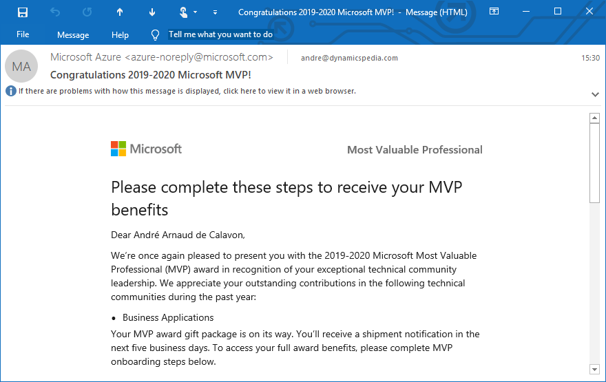 Reawarded as Microsoft MVP Business applications Dynamicspedia