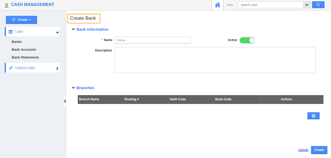 How to create a Bank in Cash Management App?