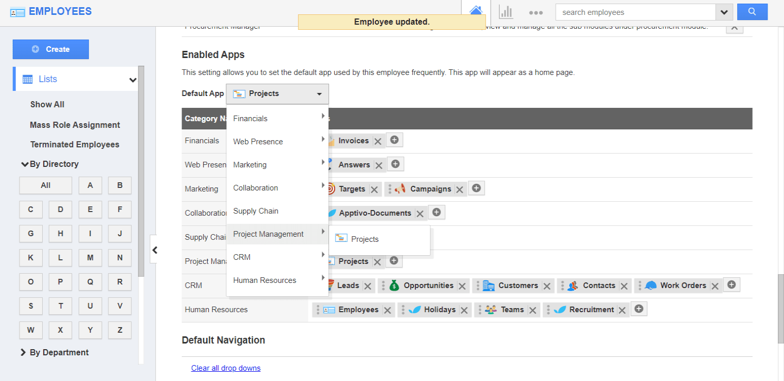 How to set the default home page in the Employees App?