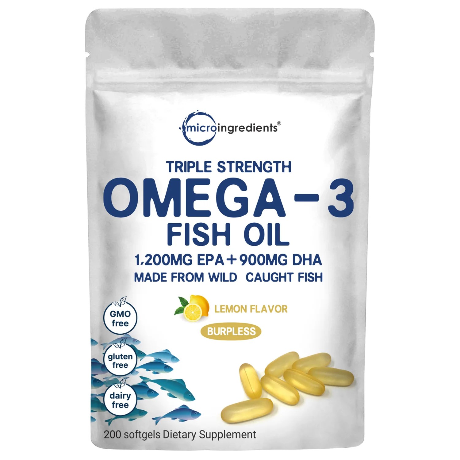 Micro Ingredients Omega3 Fish Oil, 200 Softgels, Triple Strength, EPA