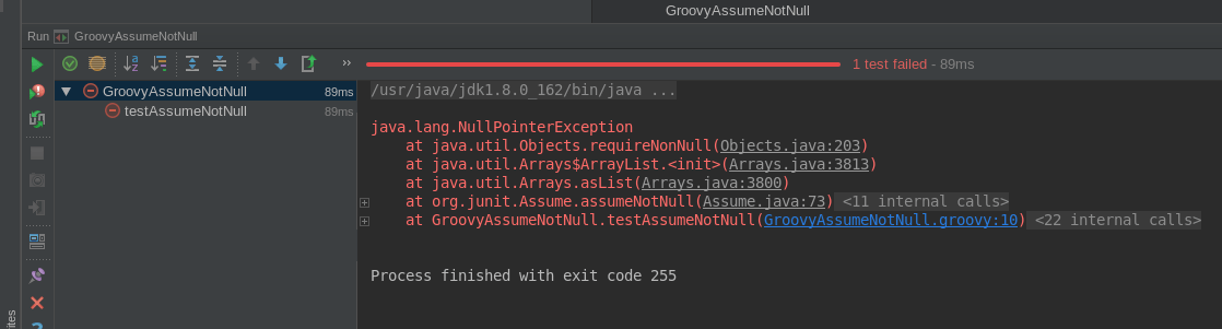 JUnit Assume.assumeNotNull(obj) throws NullPointerException in Groovy