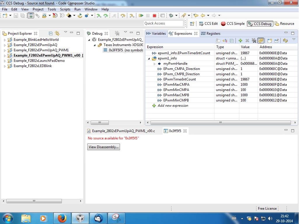 Debug Error No source available for "0x3ffe9a" C2000