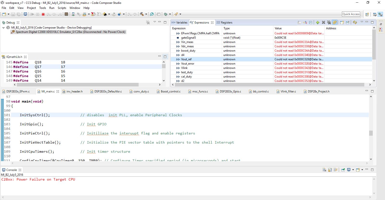 CCS/TMS320F28335 C28xx Power Failure on Target CPU C2000