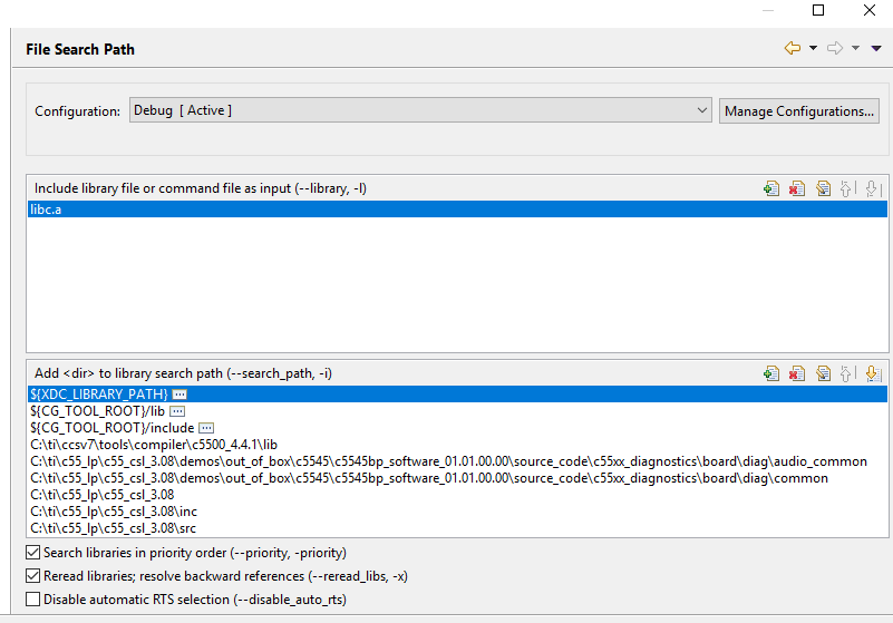 CCS/TMS320C5545 unresolved symbols even though csl is installed