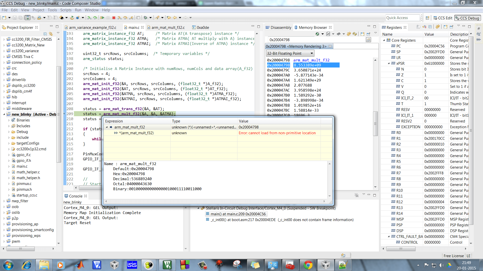 CMSIS arm_mat_mult_f32 is not working, getting "No source available for "0xa0de" " Code