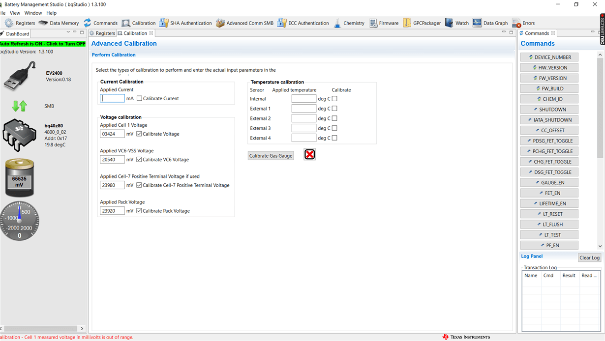 BQ40Z80EVM020 calibration error cell 1 voltage in millivolt is out