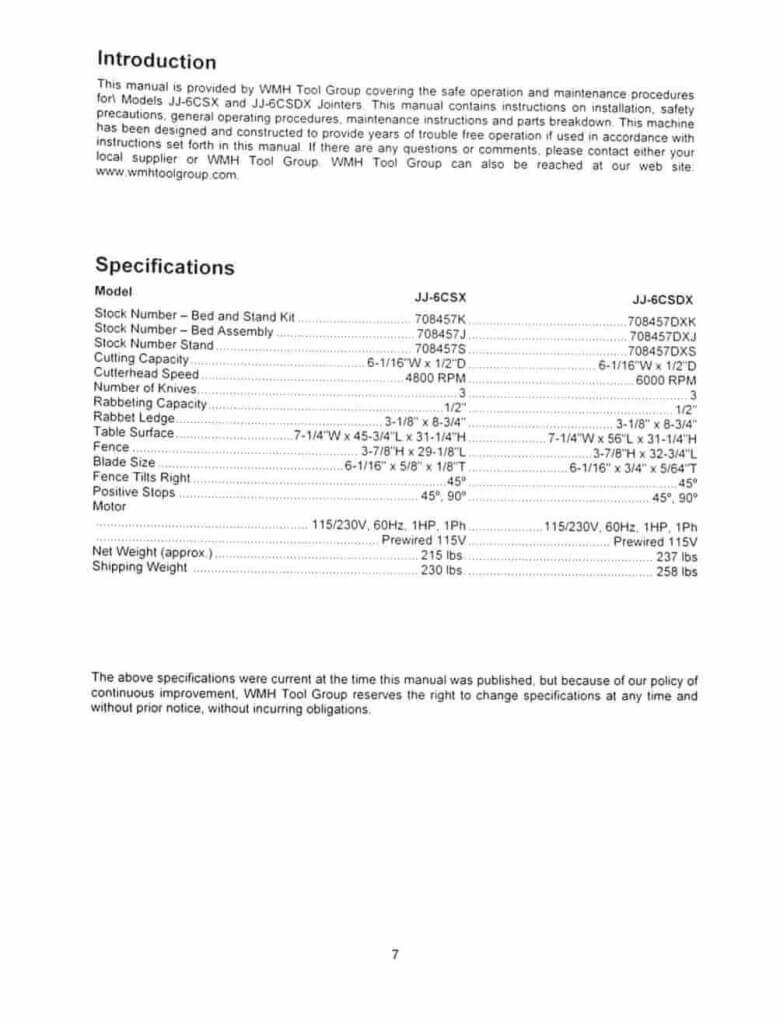 JET JJ6CSX JJ6CSDX 6" Jointer Instructions and Parts Owner's Manual