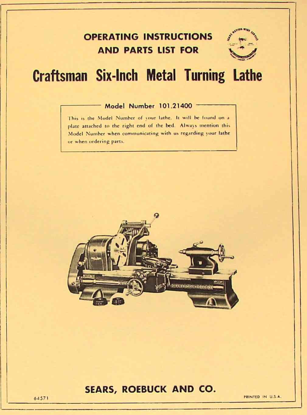 CRAFTSMAN/ATLAS 6" Metal Lathe 101.21400 Owner's Instructions & Parts