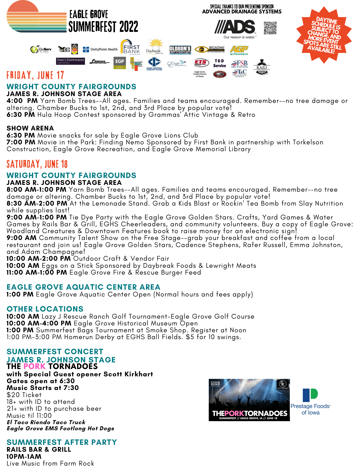 SUMMERFEST SCHEDULE IS HERE! (SUBJECT TO CHANGE) Eagle Grove