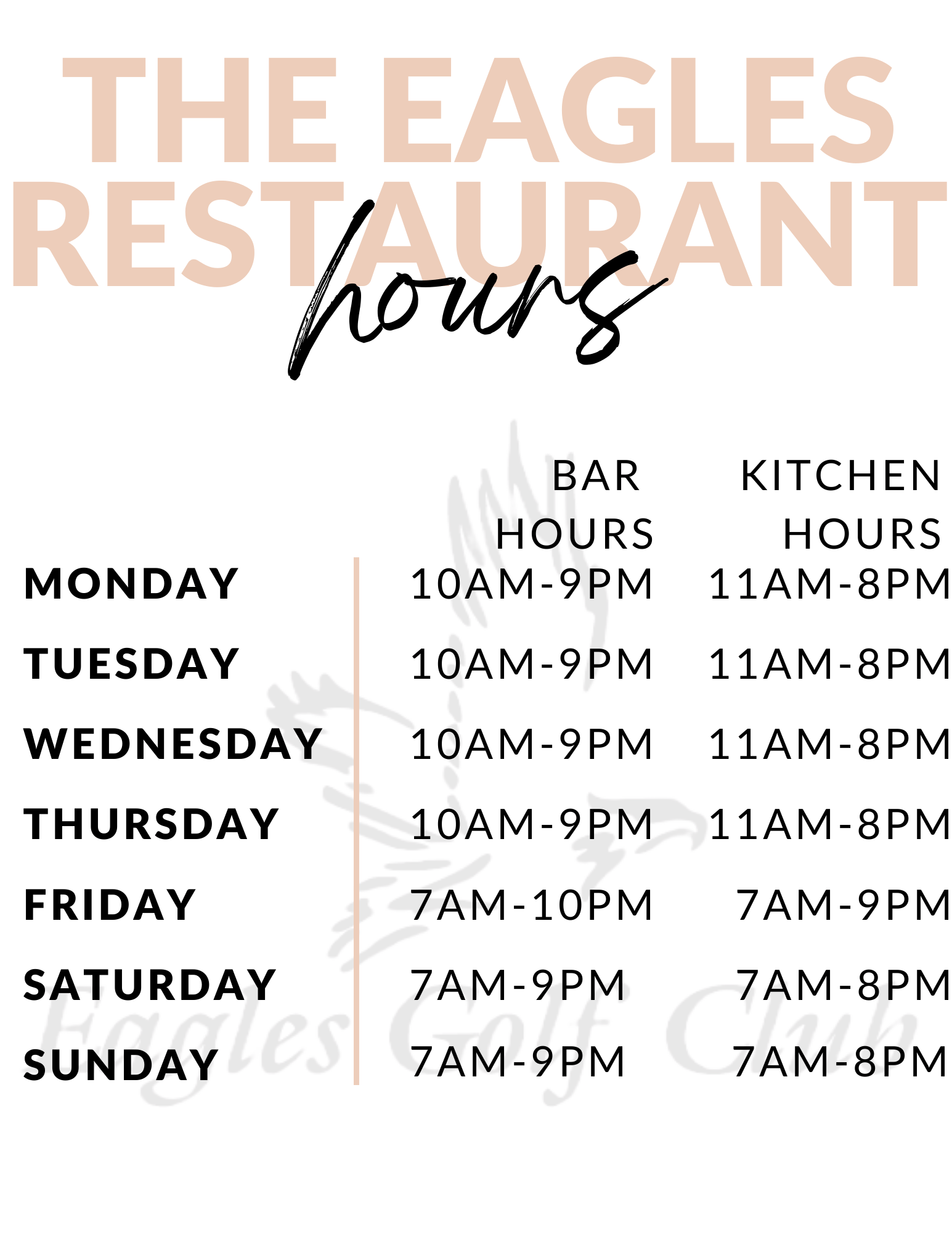 The Eagles restaurant hours Eagles Golf