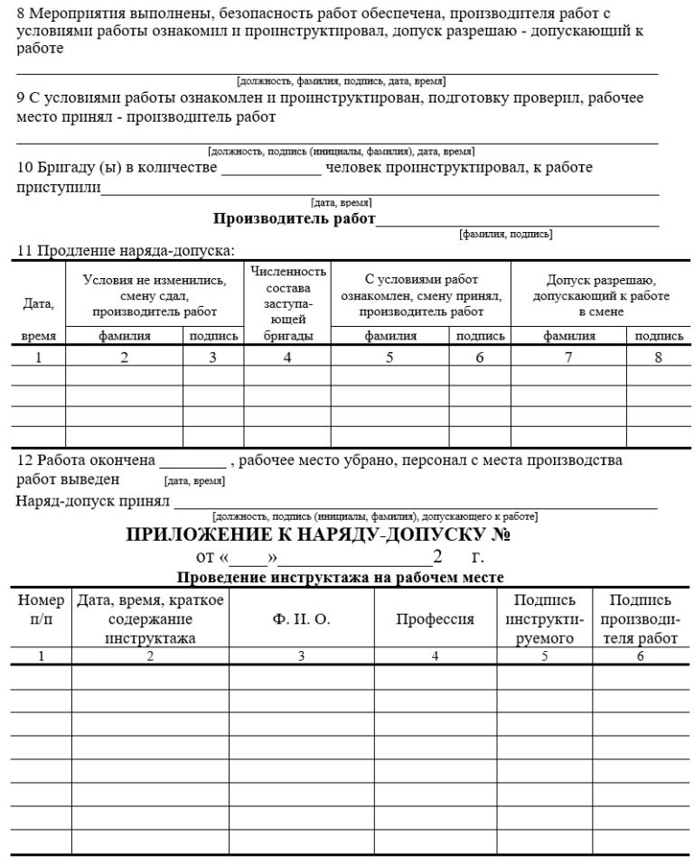 Приложение 19. Форма нарядадопуска на выполнение работ в условиях